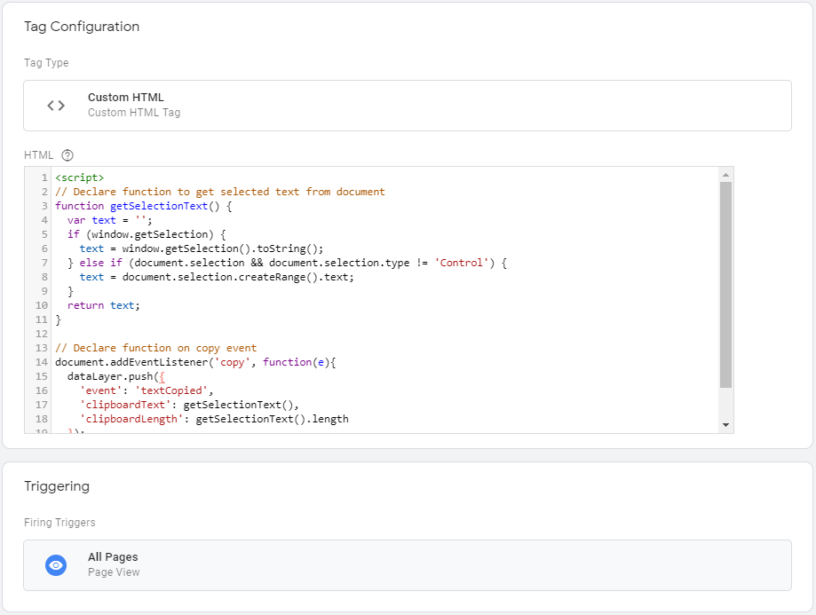 Custom Listener for clipboard in Tag Manager by Google