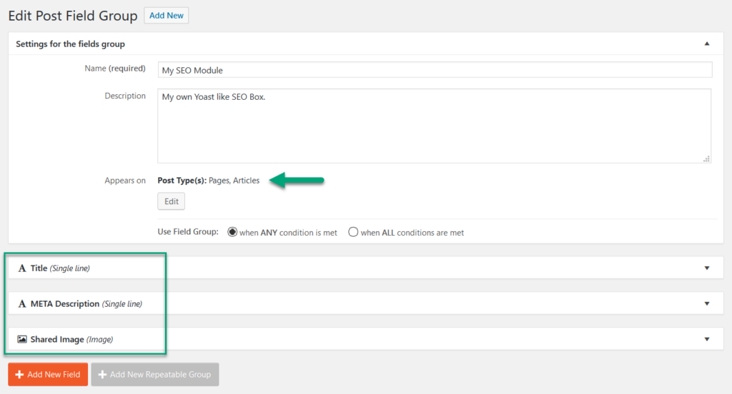 custom field group for SEO